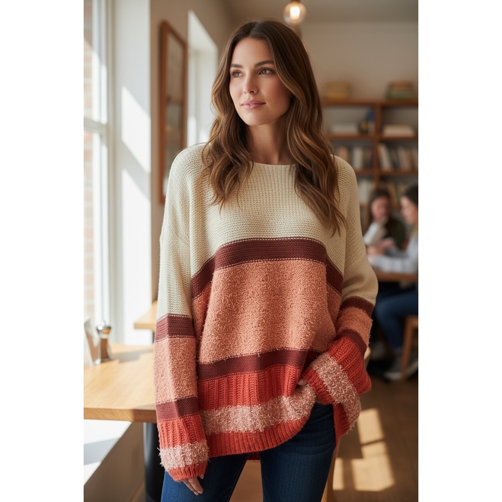 UMGEE USA Women XL Cream Orange Burgundy Striped Fuzzy Knit Sweater